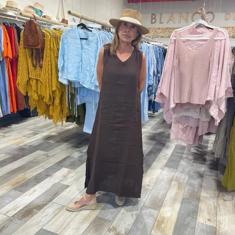 One Size XS to M/L Madelyn 100 Percent Linen Side Slit Midi Dress Lightweight Breathable European Style Dress