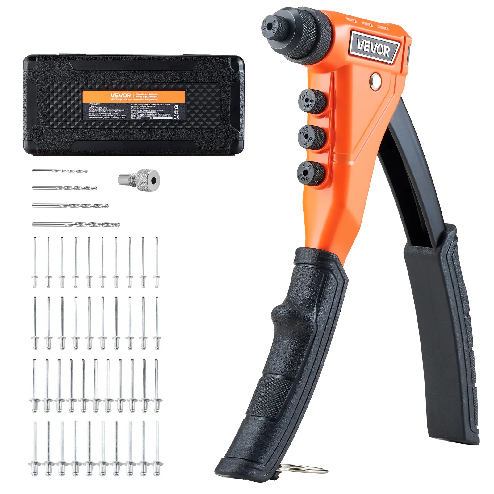 【Summerfinds】VEVOR Heavy Duty Single Hand Manual Pop Rivet Gun Kit, 200 Blind Rivets, 4 Interchangeable Nosepieces, 4 Drill Bits, Carrying Case - Work Tool for Metal, Automotive, DIY Projects, Work Tools