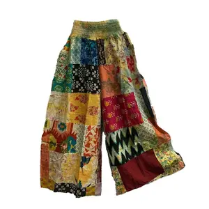 Boho Hippie Multicolor Handmade Recycled Fabric Patchwork Ethnic Wide Leg Trouser Cotton Palazzo With Two Pockets