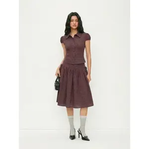 Gingham Top & Low Rise Drawstring Ruched Midi Skirt Set