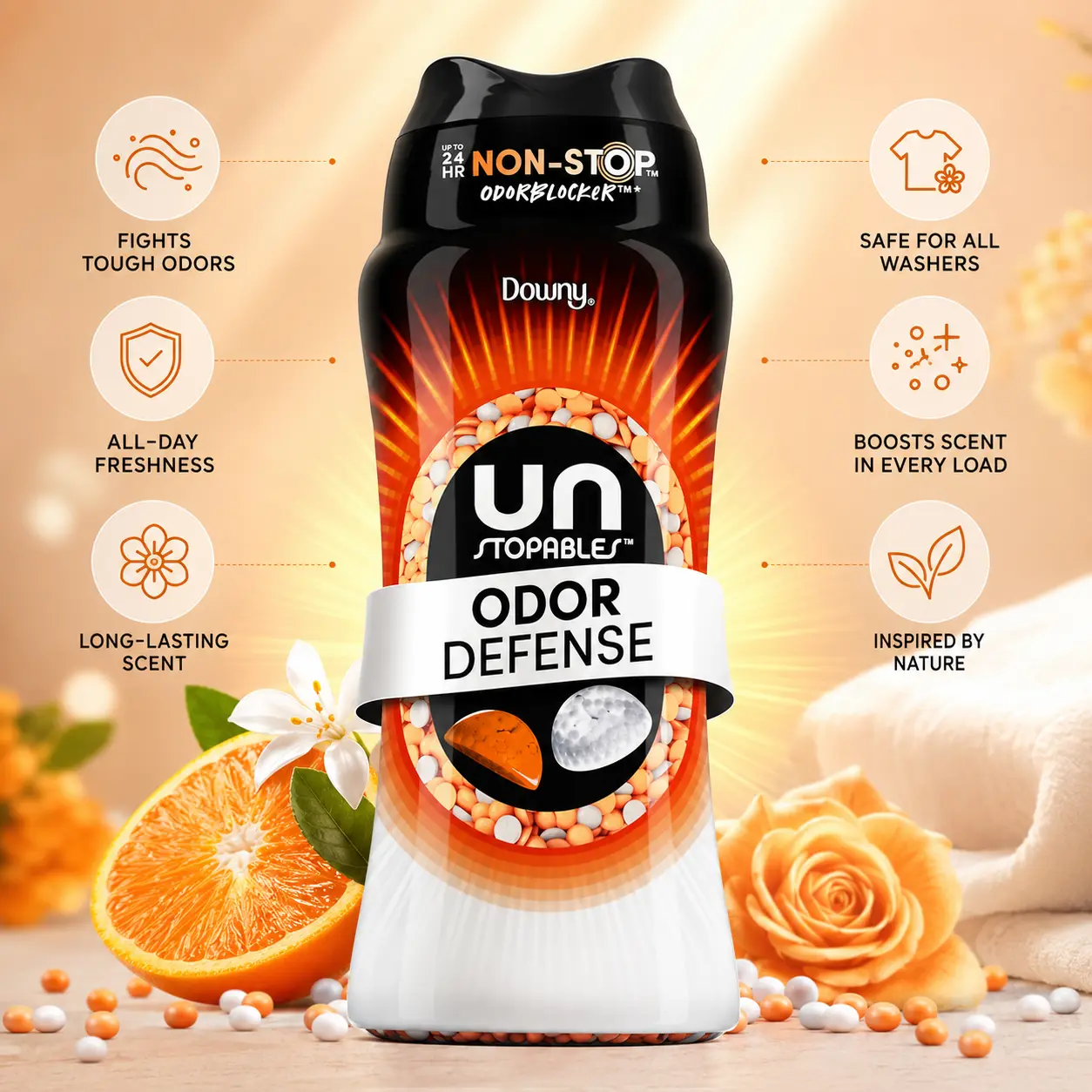 Unstopables Fusions Scent Duos Laundry Scent Booster Beads, Sunset and Citrus Scent, 21.1 OZ, 24hr non-stop freshness with 2 in 1 dual scent laundry scent beads