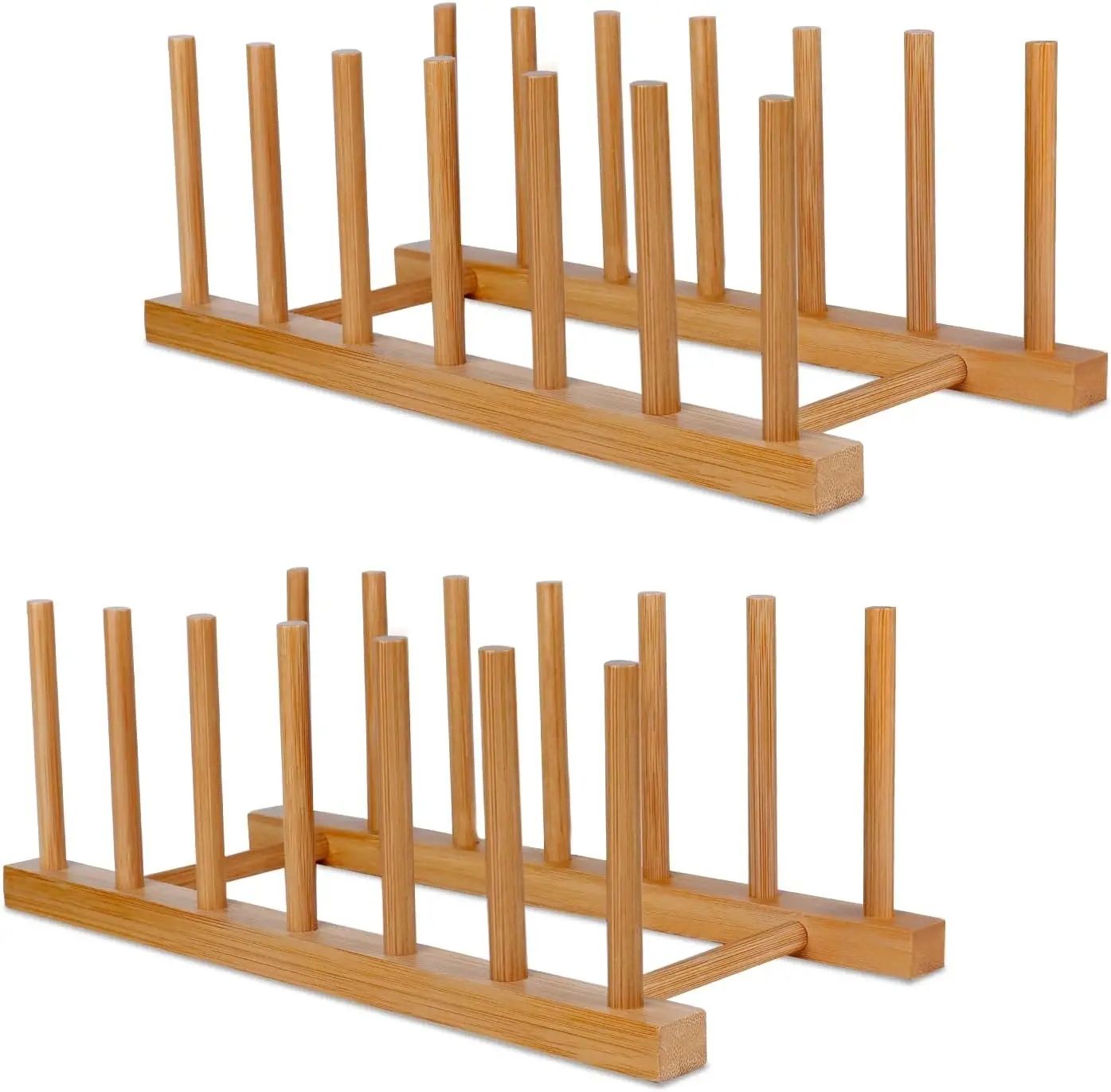 SM360 2 Pack Bamboo Dish Rack Organizer, Wooden Plate Stand & Pot Lid Holder, Vertical Kitchen Cabinet Storage for Plates, Bowls, Cups, Cutting Boards & Books