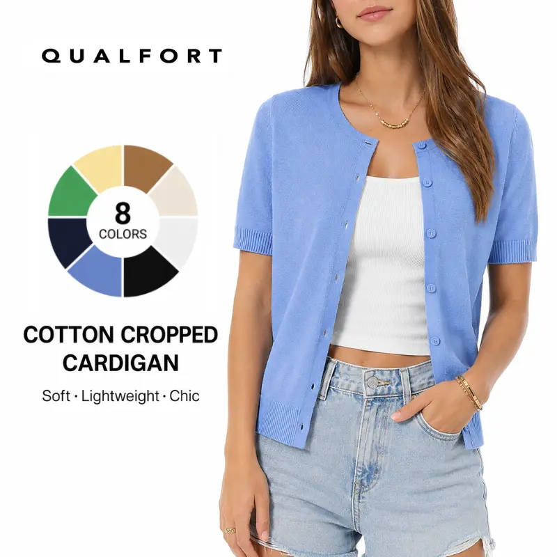 QUALFORT Women’s 100% Cotton Cropped Short-Sleeve Button-Down Knit Cardigan Sweater - Lightweight Basic Knitwear, Women's Fashion Business Casual Summer Tops, Business Casual Tops, Tops Women