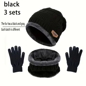 3pcs Winter Warmth Set for Men & Women: Fleece-Lined Beanie with Knit Brim, Cozy Neck Gaiter & Gloves - Stretchy Polyester, Solid Black, Perfect for Cold Weather Outdoor Activities, Winter Clothes