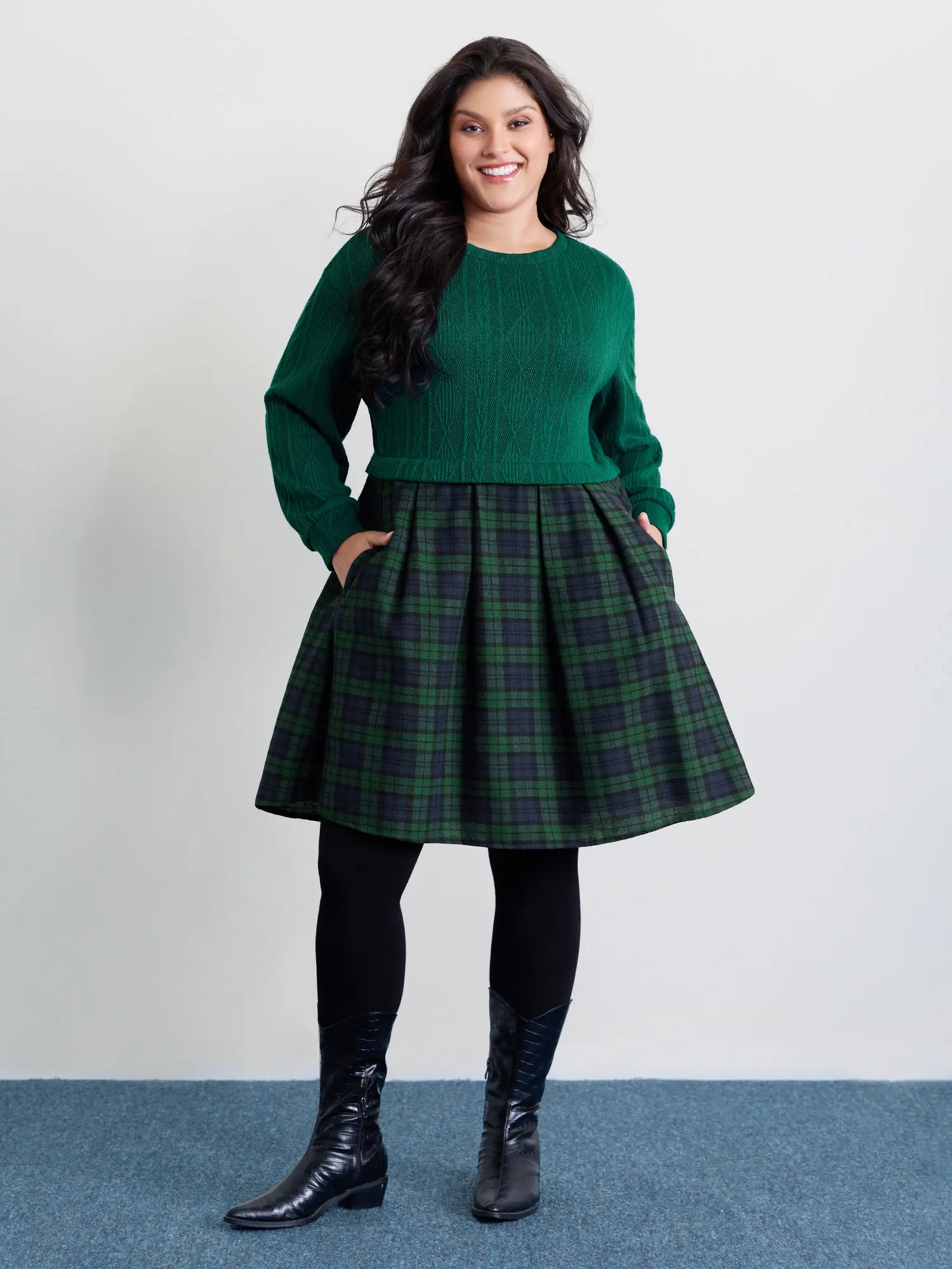 BloomChic Women's Casual Checkered Plaid Layered Midi Dress, Lantern Long Sleeve with Pockets, Smooth Polyester Blend, Garment, Lantern Sleeve, Low Iron, Checkered Print, Layered Plaid, Fabric, Iron‑Smooth Finish