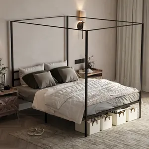 YITAHOME Canopy Bed Frame Metal Four Posters 14 Inch Platform with Built-in Headboard Strong Metal Slat Mattress Support, No Box Spring Needed
