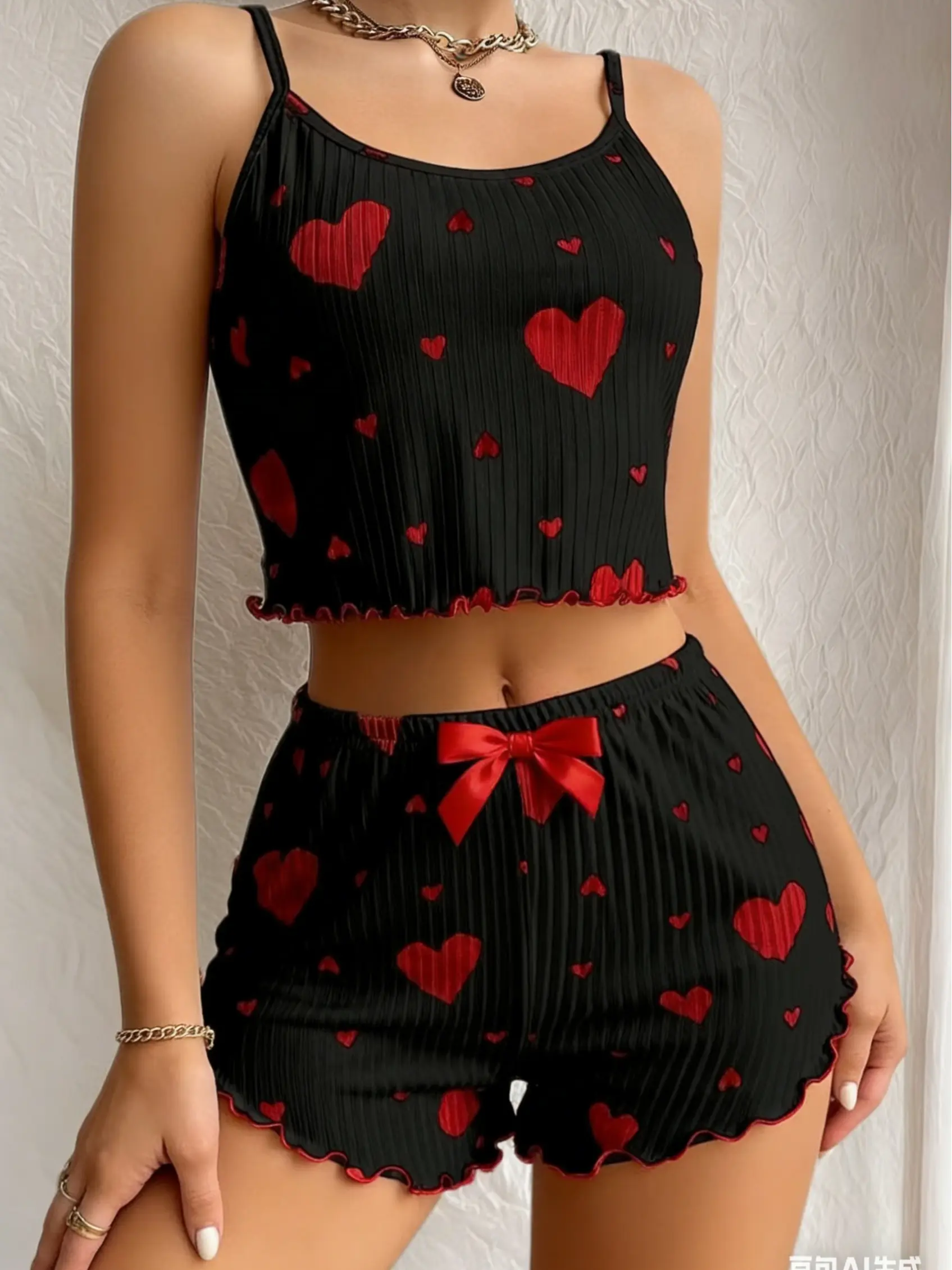Women's Heart Print Pajama Set Sweet Top Shorts Casual Home Sleepwear Set Comfortable Cotton Soft Loungewear Set