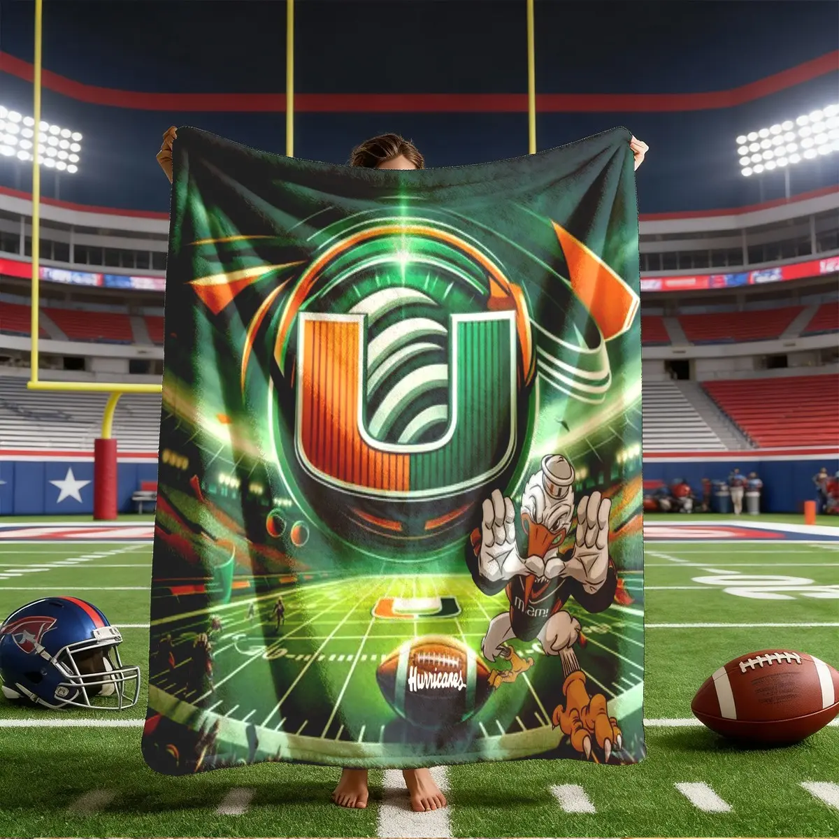 Miami Hurricane Football Team Flannel Blanket, Large Size, Soft Lightweight Warm, Perfect for Bed Sofa Office Camping Travel, Blanket for Couch, Throw Blankets
