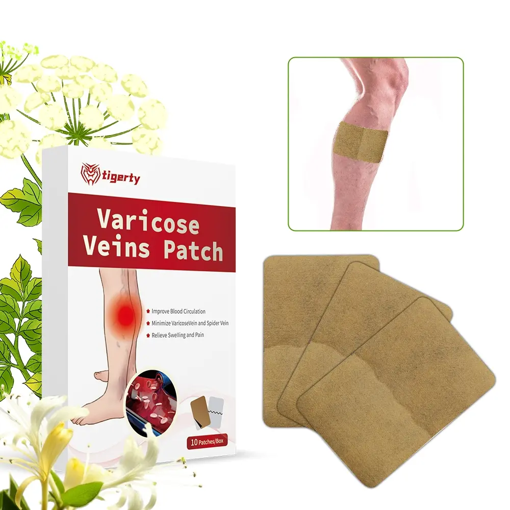 tigerty Varicose Vein Relief Support Patch, Therapy, 10/30/50 Pieces, Leg Circulation Soothing Aid, Leg Comforting Stickers for Long Sitting Long Standing, 10 Large Plasters/Box, Fast Acting, nonwoven fabric material Pad