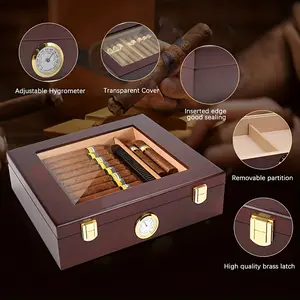 Cigar humidifier box with lock buckle, accessories and humidifier/V-shaped spring scissors - glass cover - men's desktop cigar holder - portable travel case - small desktop humidifier suitable for 20-30 cigar.