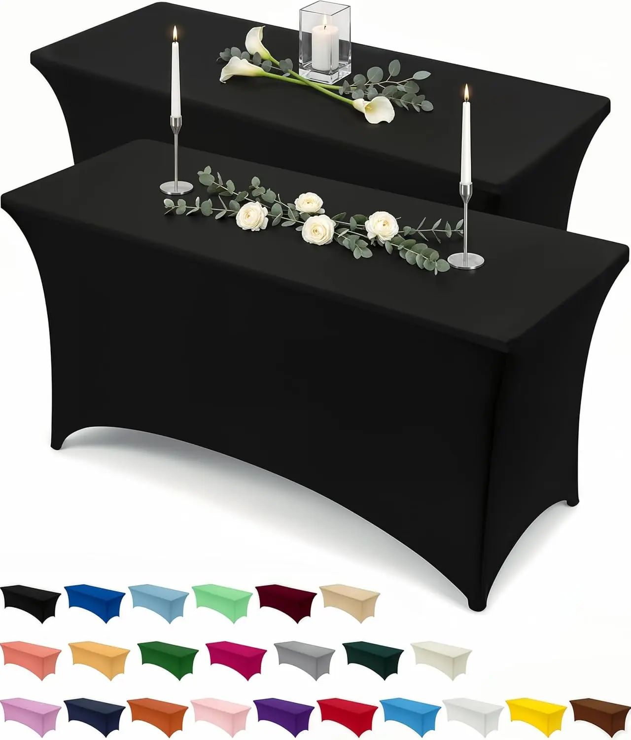 2-Pack Spandex Kitchen Tablecloth Set, 6FT Black Fitted Indoor-Outdoor Tablecloths, Tight, Smooth, Lightweight, Washable, Wrinkle-Resistant Rectangular Patio Cover (72Lx30Wx30H in) for Weddings, Banquets