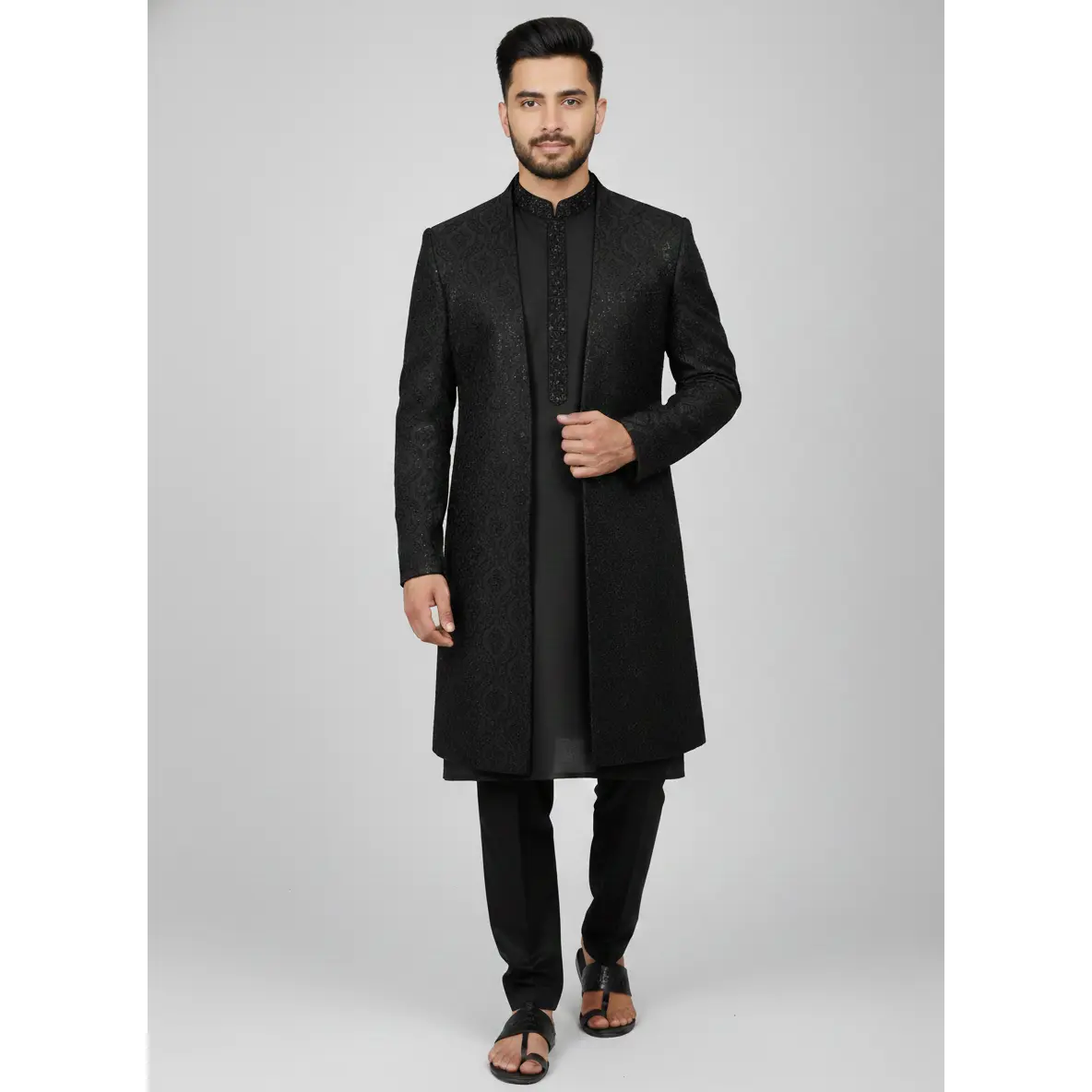 Men's 3-Piece Outfit Set - Formal Sherwani Style Long Coat, Embroidered Long Sleeve Katan Silk Kurta, and Fitted Trousers, Embroidery, Menswear, Elegant, Men's Outfit Sets, 3 Pc, Below The Knee, Hand Wash Only
