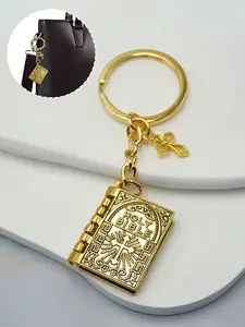 Golden Bible With Cross Keychain, Metal Key Ring, Fashionable Alloy Keychain For Bags, For Purse Backpack, Bag Pendant, Bag Decoration, Car Key, Charm Clothing Accessories Gift For Christmas, For Girls, Women, Daughter Or Friends Gifts, Stylish Keychain