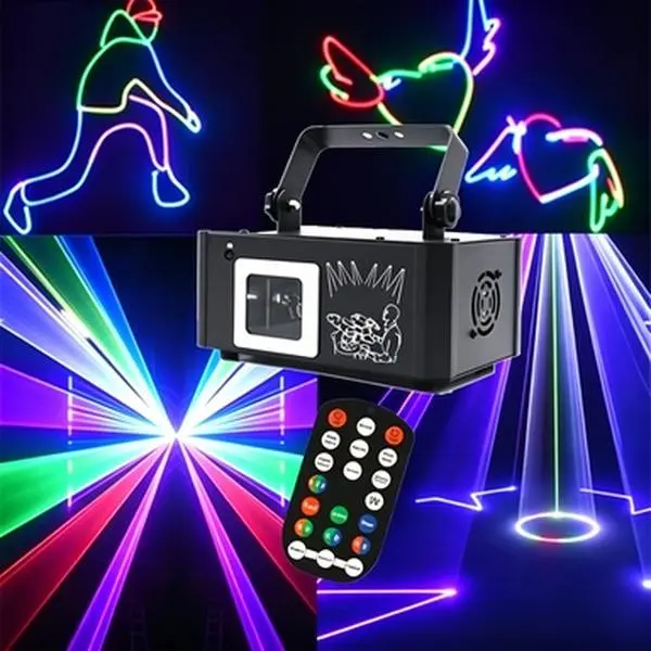 Voice-activated Colorful Laser Stage Light, compatible with DMX console control, multi-pattern beam effects, ideal for bars, KTVs, parties and dancing scenes, strobe atmosphere light for home and commercial use