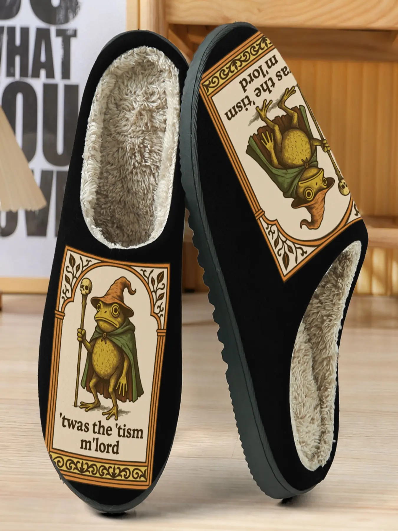Vintage Frog Wizard Slippers, Bottom Retro Design, Plush Lining Warmth, Casual Homewear for Fall & Winter
