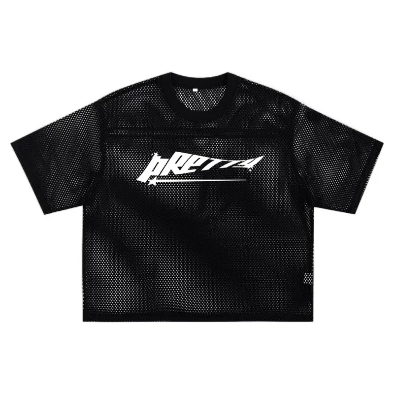 See Through Net Boxy T-shirt - Black Top with Graphic Design, Short Sleeve, Womenswear Top Streetwear Polyester