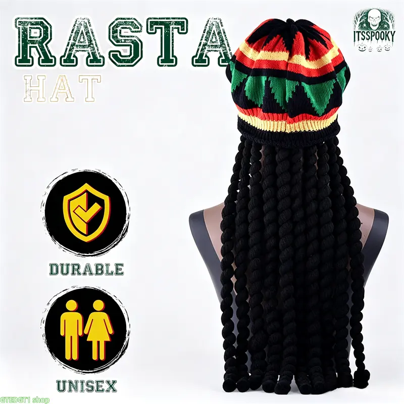 Unisex Fashionable Knitted Hat - Rasta Tam Cap with Spiral Dreadlock Wig, Jamaican Reggae Striped Beanie Hat, 1 Size for Music Lovers (Concert, Daily Hip Hop Street Outfits) [Bag Accessory Charm/Twillie Complement], Beanie Hats homedecor