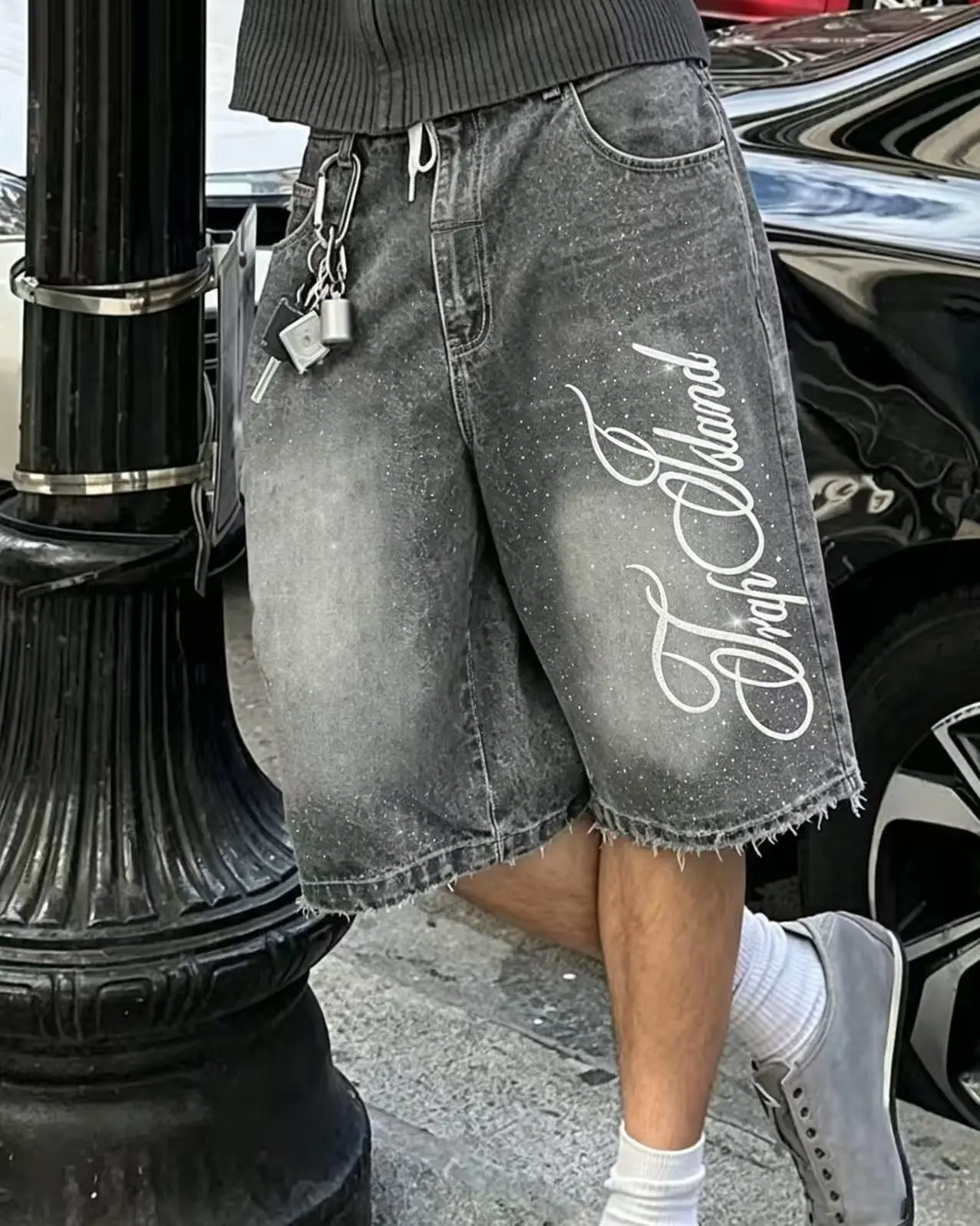 Menswear High-Waist Button Fly Denim Jeans - Studded Embroidered, American Street Style, Casual Daily Wear Shorts for All Seasons
