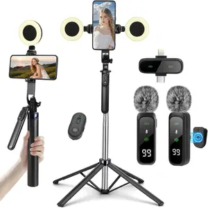 Content Creator Vlogging Kit,180CM Metal Selfie Stick Tripod with Light and  Microphones,Vlogging Kit for /Android,Phone Tripod for  &YouTube Starter Kit