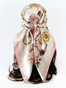 Women's Satin Headscarf, 90cm Silk Scarf Shawl, Two-In-One Square Towel, Classic Rose Print Large Scarf, Versatile Fashion Accessory