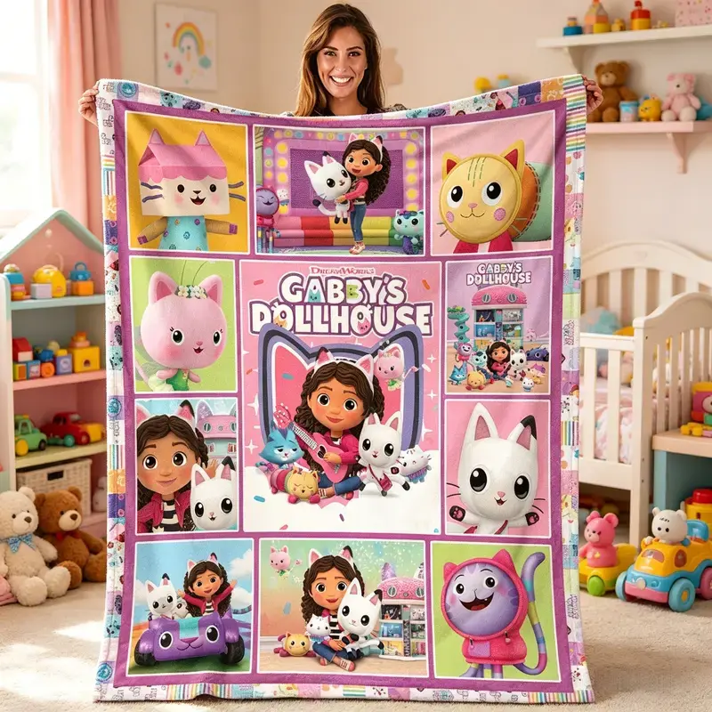 Cute Cartoon Gabbys Dollhouse Blanket Children Adult Gift Bedding Bedspread Home Office Travel Birthday Anniversary Holiday Christmas Halloween