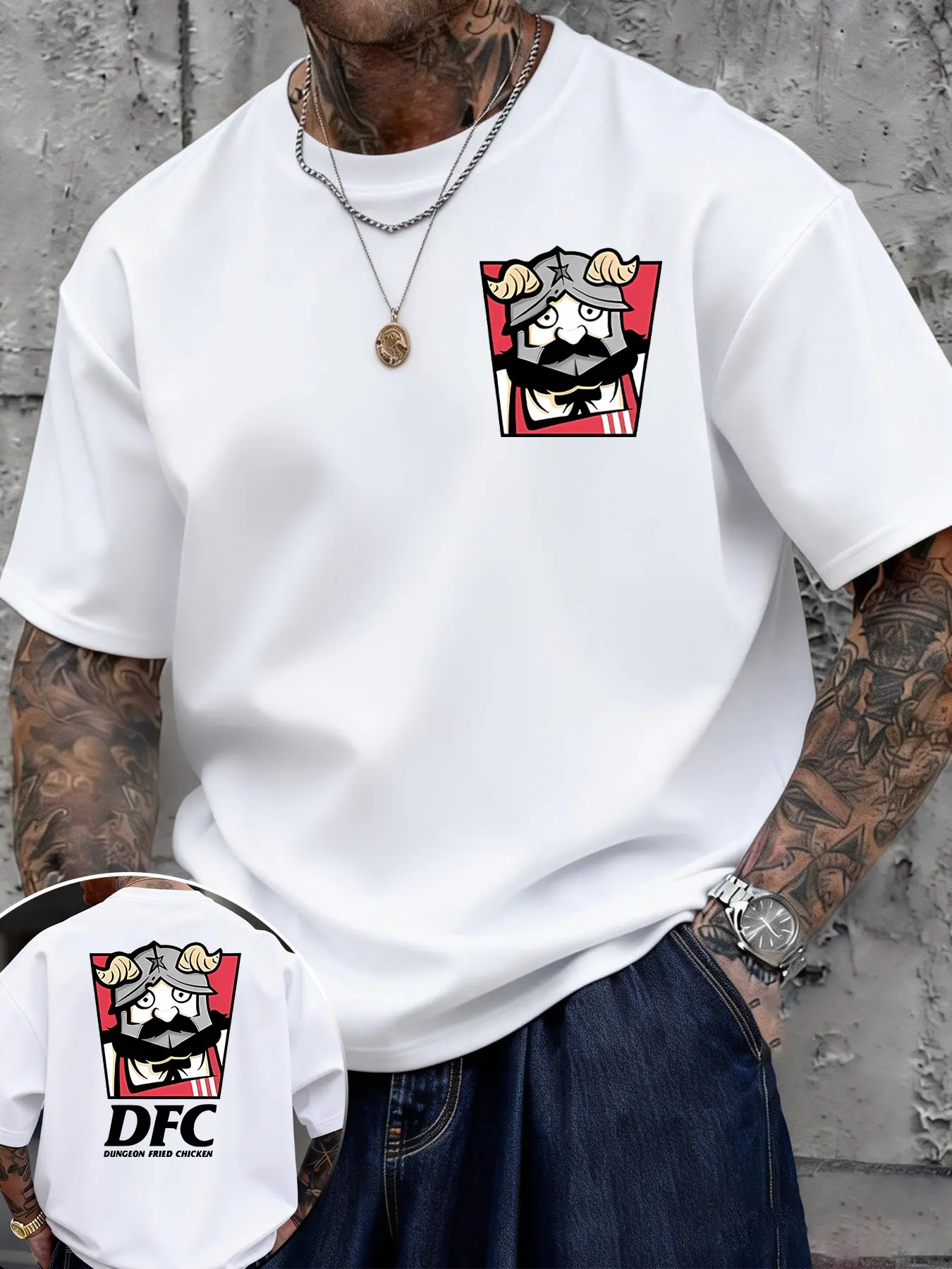 Dfc Prison Fried Chicken Funny Print T-Shirt, Unisex Oversized Loose Fit, Casual Short Sleeve Top, Random Pattern Design