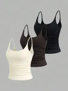 Women's Ruched Camisole Tank Top, Slim Fit Spaghetti Strap Cami, Y2K Inspired Summer Crop Top, Soft Stretchy Layering Basic Shirt, Fashion