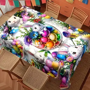 Easter Bunny Print Tablecloth, Floral Decorative Flower Design Rectangular Table Cover, Holiday Party Decoration, Outdoor Long Table Cloth, Kitchen Accessory Gift, Easter Themed