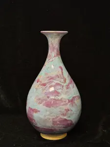 Handmade Chinese Jun Porcelain Vase, Vintage Pink-Blue Kiln-Fired Glaze Ceramic Vase, Unique Asian Art Home Decor