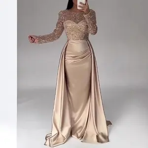 2025 Women's Banquet Long Sleeve Elegant Socialite Annual Meeting Host Queen Sequin Evening Dress with Crewneck and Basic Crewwork Design Formal