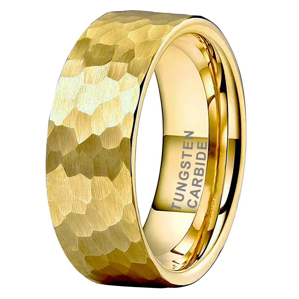 Yonifu Men's 8mm Tungsten Carbide Ring - Elegant Gold Hammered Wedding Band, Scratch-Res. for Everyday Business Wear