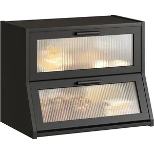 Double Layer  Bread Box for Kitchen Counter,Large Capacity Bread Storage Bin,Bread Container with  Wavy Door Panel (Black, Medium)