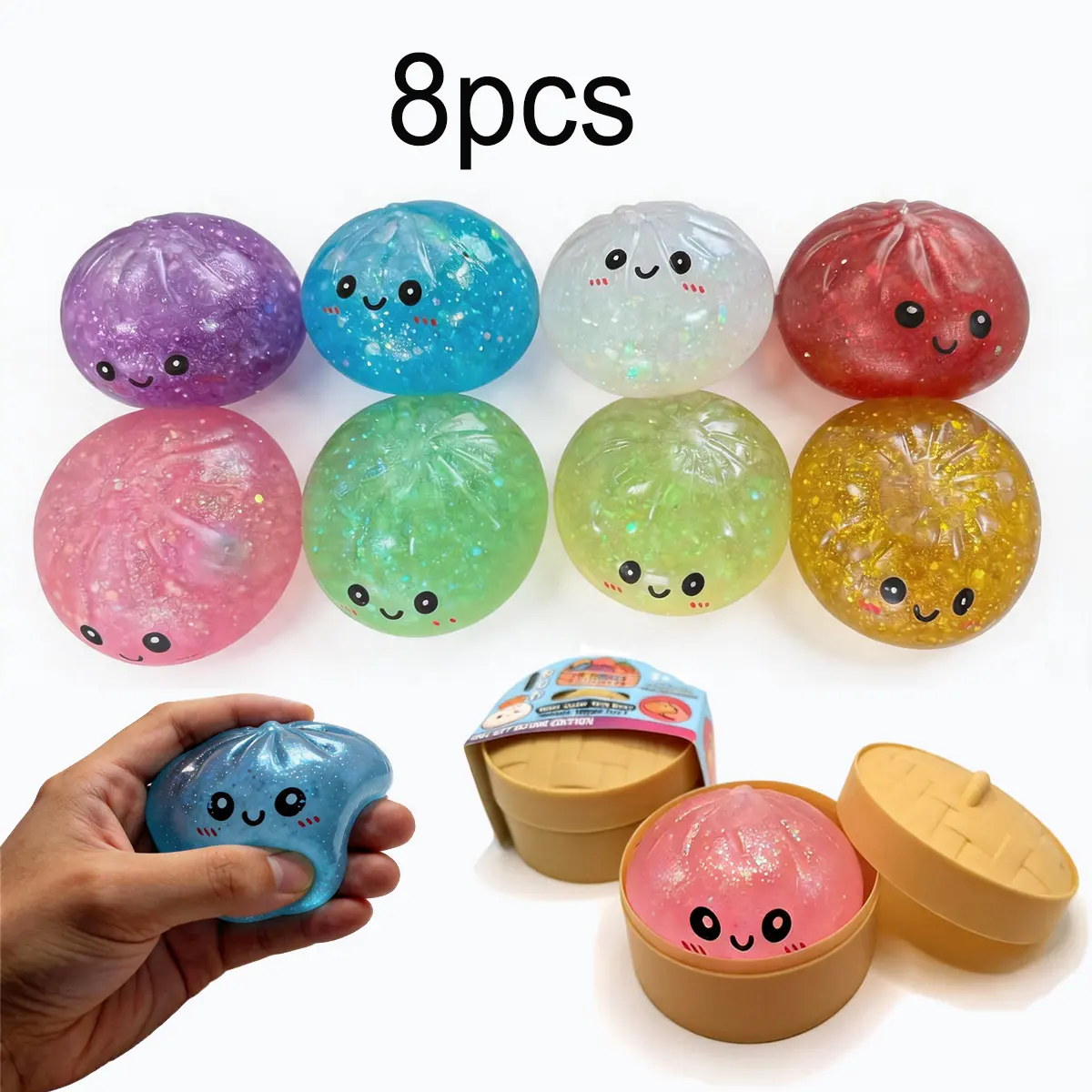 8-Pcs Glitter Dumpling Soft Silicone Squeeze Toys (with Storage Box), Stress Relief, Glitter Dumplings, Stress-Relief Dough, Perfect for Party Goodie Bags and Holiday Gifts [Dimensions: 3.15 inches x 1.97 inches]