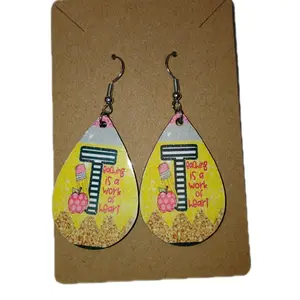 Teacher Earrings Teaching is a Work of Heart - Colorful Design with "E" and "O" Letters