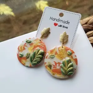 Handmade Polymer Clay Orange Design Earrings with 3D Leaf & Hand painted Golden Accents. Hypoallergenic Lightweight Drop Earrings