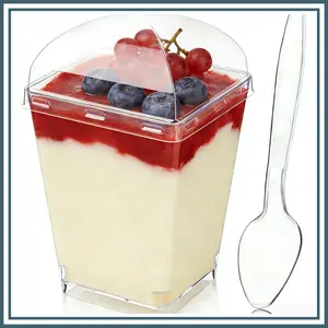 Thick High Quality Plastic 50-Pack 5 oz Disposable Transparent Dessert Cups Set with Dome Lids & Spoons, Party Supplies for Individual Pudding, Jello Servings