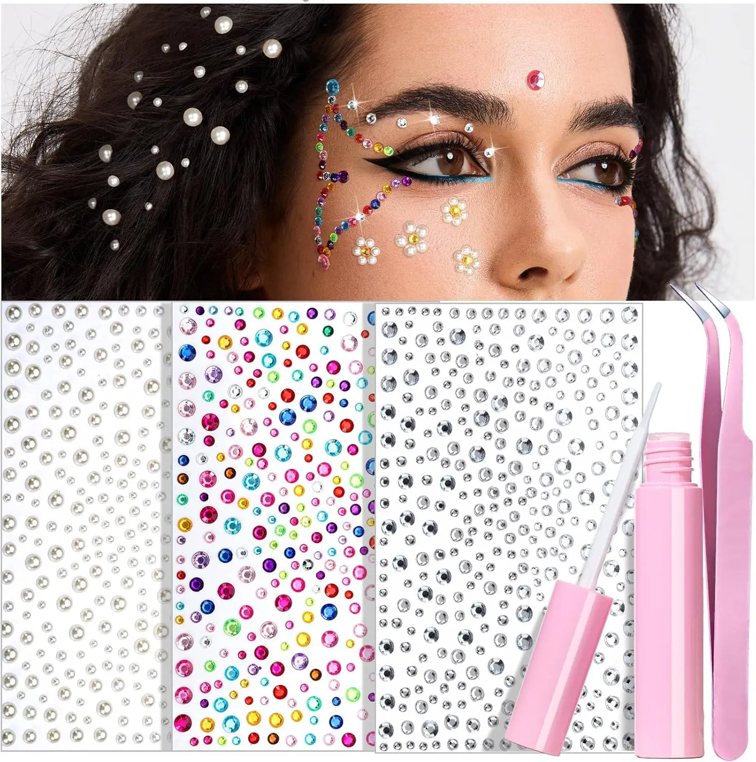 Face Gems with Face Makeup Glue for Rhinestones, Face Jewels Stickers, Eye, Pearl Hair Gems for Women, Girls, Body Glue for Skin, Self Adhesive Rhinestone for Nail Art, Crafts