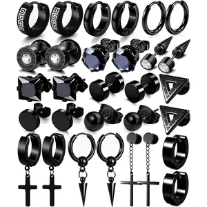 15 Pairs Earrings for Men, Stainless Steel Earrings Stud Kit for Men Women Fashion Piercing Cross Dangle Hoop Earrings Set