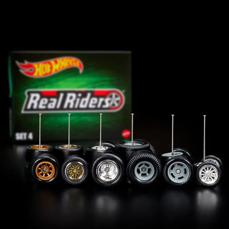 RLC Exclusive Real Riders 4-Piece Random Treasure Stock Car Wheels Pack - 6 Sets with 24 Fastest Wheels, Scale Customized Vehicle Use, Stock Hubs, Slick Designs, 5-Spoke Slotted, 12-Spoke Drag, Metallic Copper-Painted Hubs