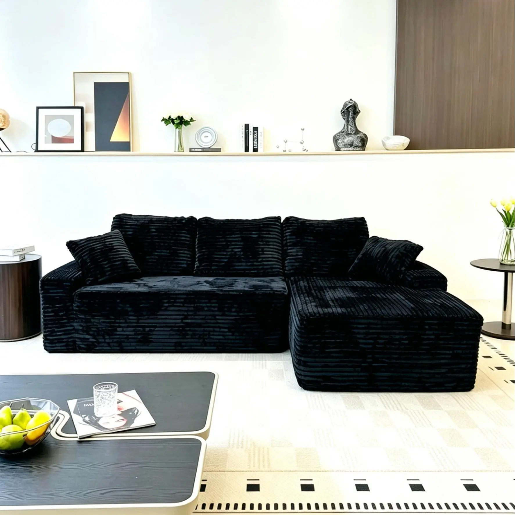 summerwins Boneless L-Shaped Convertible Modular Cloud Couch - Corduroy Upholstered, Memory Foam, Movable Storage, Oversized Plush Chaise, Vacuum Compression Packaging, Eco-Friendly, Modern Apartment Furniture, Small Space Living Room Sofas