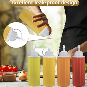 8 Pieces Plastic Condiment Bottles with Twist On Cap Lids, 12oz Condiment Squeeze Bottle, for Ketchup Sauces BBQ Liquids Oil, with 1 Silicone Funnel, 8 Labels, 1 Pen, BPA Free