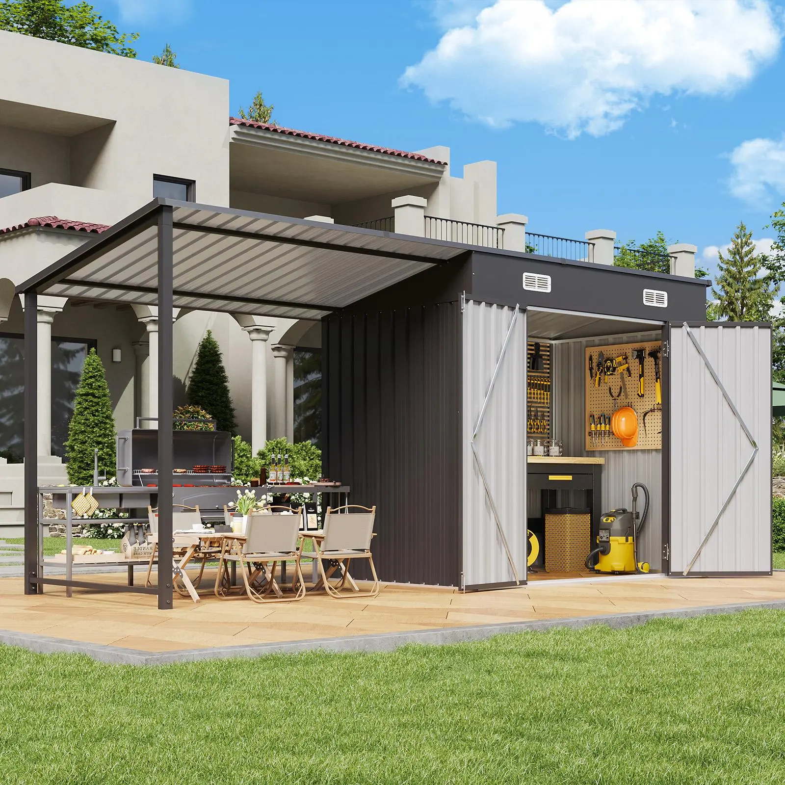 Jolydale 2-in-1 Metal Outdoor Rectangle Storage Shed & Hardtop Gazebo Combo - 6x4ft Easy to Lock Garden Tool Shed, 12x4ft Open-Sided Pergola, Durable Patio Shelter for Backyard, Deck, Summer Wins, Outdoor Furniture Set