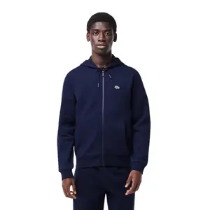 Lacoste Men's Navy Blue SH9626-166 Fleece Zip-Up Hoodie - Classic Fit, Long Sleeve, Minimalist Style, Brushed Organic Cotton, Kangaroo Pocket