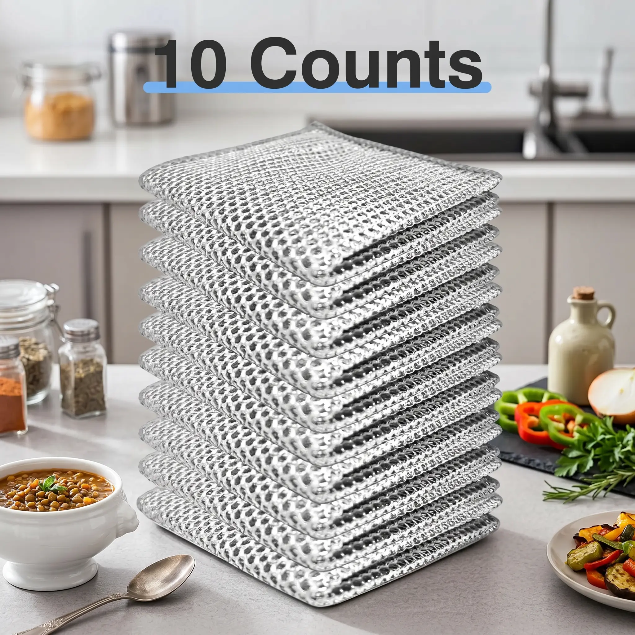 10-Count Non-Scratch 2-Layer Metal Cleaning Sponges, Heavy Duty Scrubbers & Reusable Washable Cleaning Cloths, Kitchen Scouring Pads & Accessories for Wet/Dry Use, Scouring Pad, Kitchen Accessories, Multi-Purpose Cleaning Cloths
