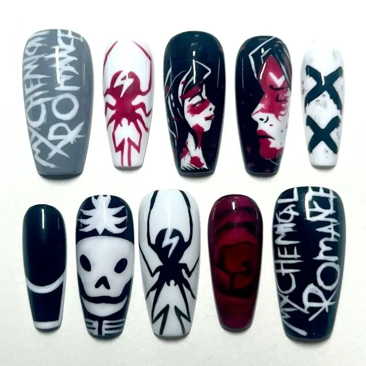 Handmade My Chemical Romance Inspired Press On Nails, Gothic Band Fan Art Nails, Black Parade Alt Nails, Emo Y2K Press On Nails, Custom Reusable Gel Nails | Free Adhesive Tabs Nail File Cuticle Stick