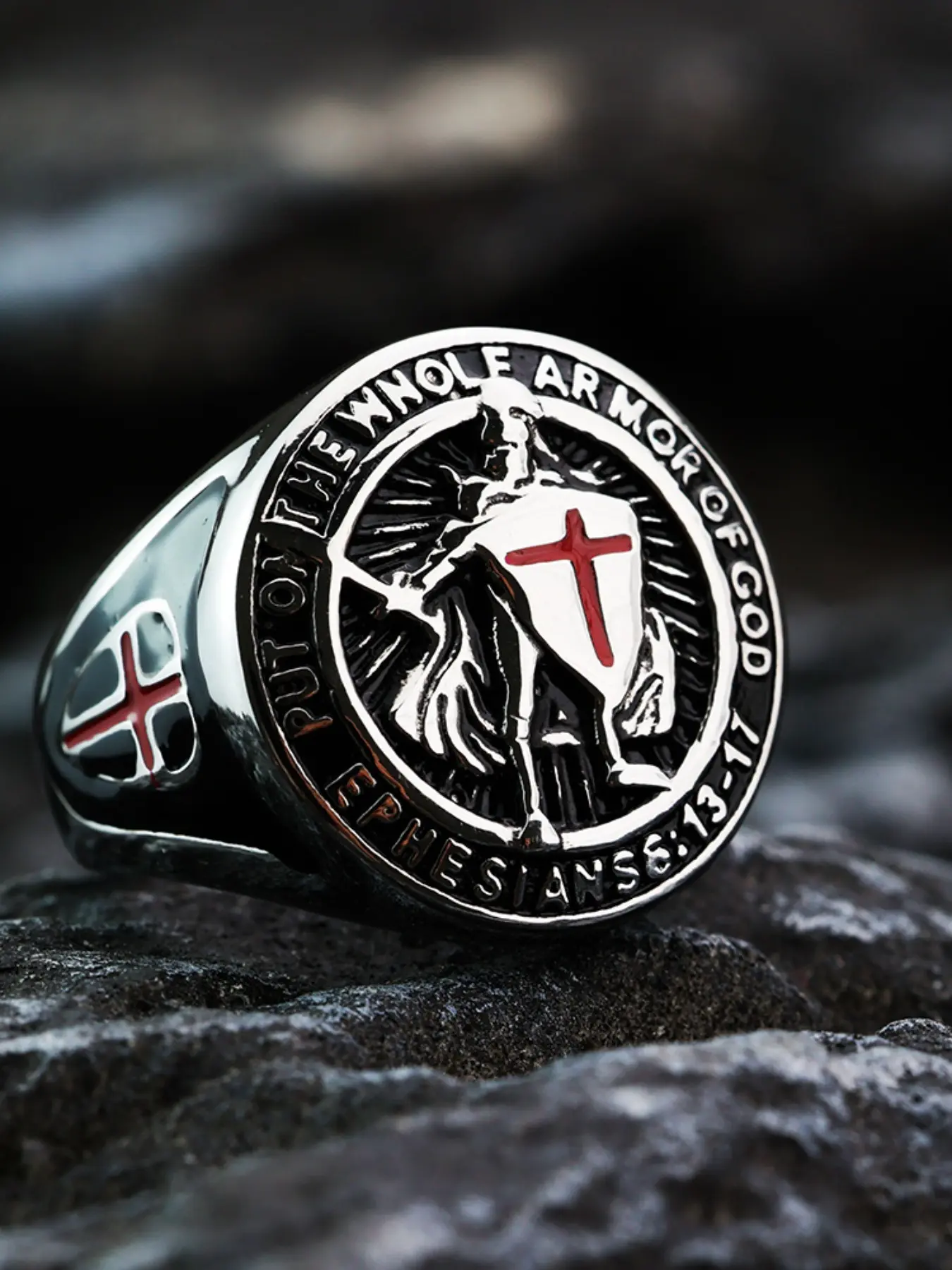 Men's Stainless Steel Ring, Knight Cross Shield Ethnic Design, Statement Multi Ring, Ethnic Patterns And Graphics, Bible Verse Spiritual Jewelry, Us Size 7-13, Inspirational Accessory, Fashion Ring