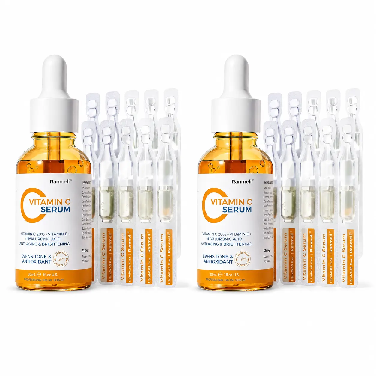 2-Piece Vitamin C & Hyaluronic Acid Facial Serum Set (1.5 fl oz) – Face Care Products for All Skin Types, Anti-Aging Formula for Dryness, Dark Spots, Wrinkles, Glow Up & Porcelain Skin