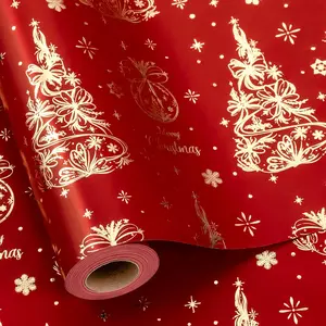 Red Christmas Wrapping Paper,  Christmas Trees  Wrap,  Trees Bells Snowflakes  Wrapping Paper for  Packaging,  Decoration (Mini Roll, 17 Inch X 33 )