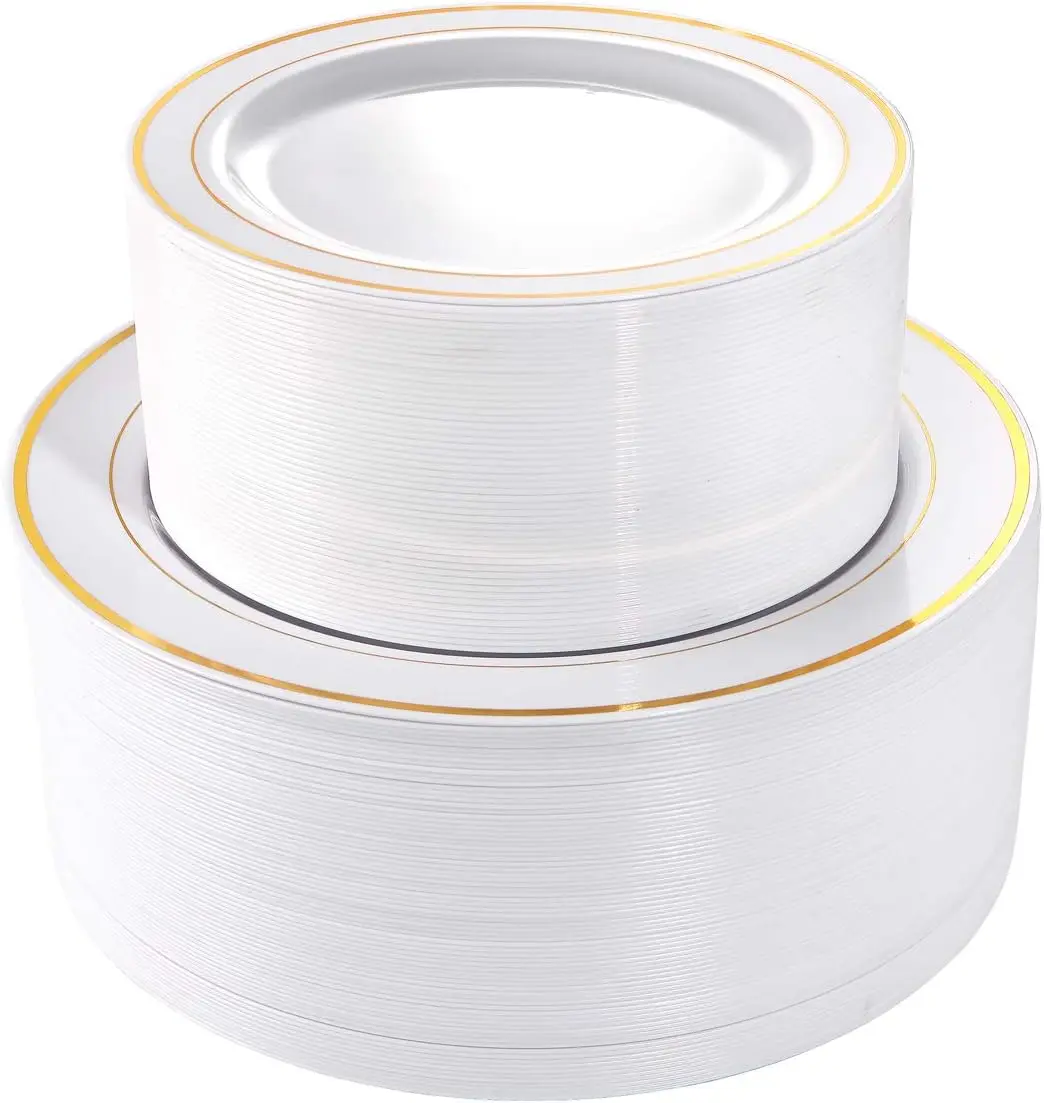 102 Pieces Gold Plastic Plates, Disposable Party Plates White Gold Rim, 51 Disposable Gold Dinner Plates 10.25 Inch and 51 Disposable Dessert Appetizer Elegant Fancy Wedding Plates 7.5 Inch