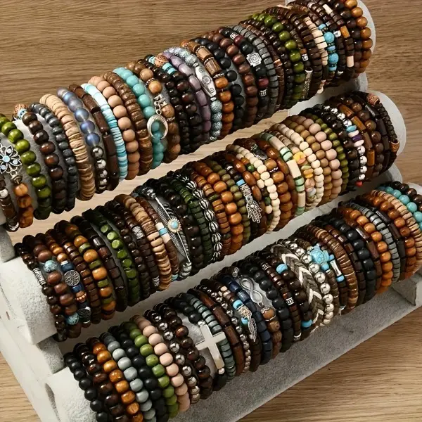 Handmade Stacking Bracelet Wristband Set with Assorted Mix Beaded Wood and Alloy Charms, Unisex Youth Fashion for Daily Wear, Arm Candy Accessories, Youth Fashion Accessory, Handmade Charm, Assortment Mix, Unisex Size